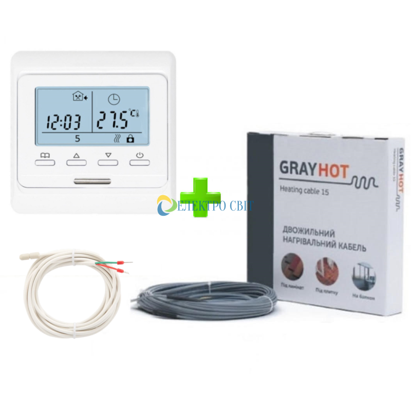 Нагрівальний кабель GrayHot 6м 92Вт з терморегулятором Е51 для теплої підлоги під плитку, ламінат, у стяжку (0,5-0,8м²)